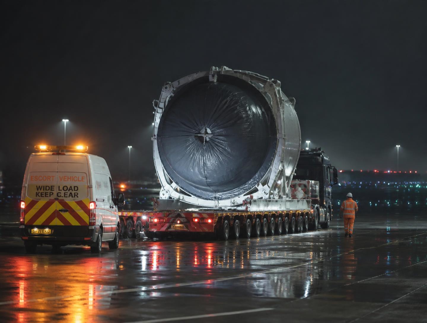 Oversized specialist load moving across an airport apron at night