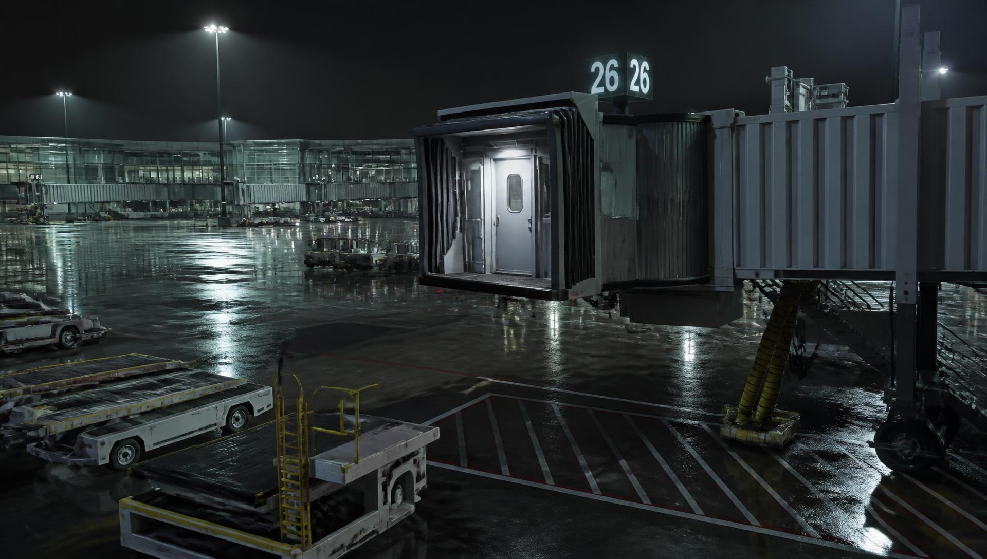 Airport ramp operations at night with a passenger boarding bridge and ground support equipment